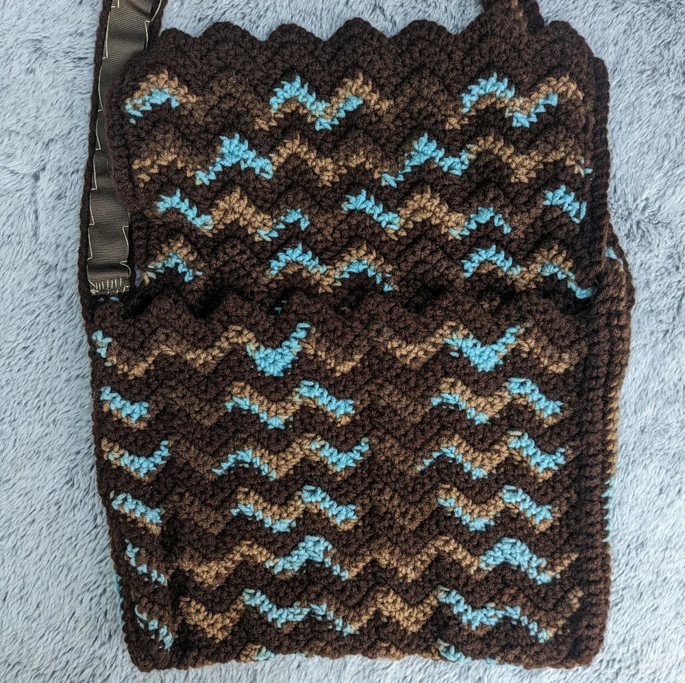 Handmade Crocheted Ripple Shoulder‎ Bag & Accessory Pouch Set Blue & Brown